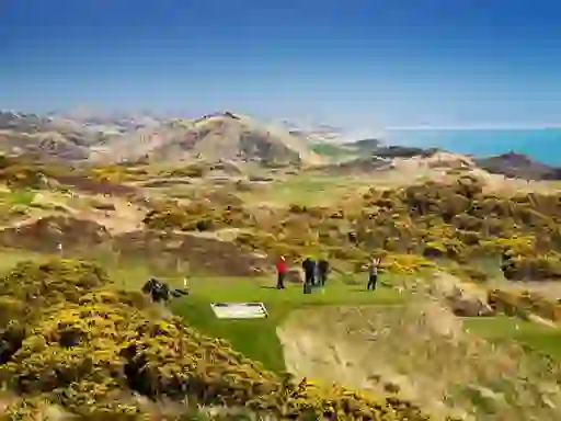 Royal County Down Golf Club, with golfers on scenic fairways framed by mountains and sea.