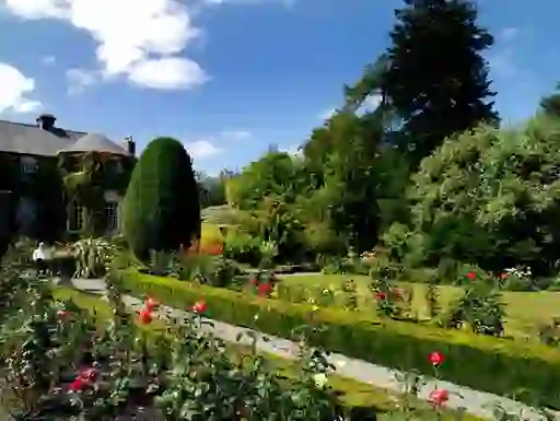 Formal rose garden with manicured hedges and historic house under blue skies.