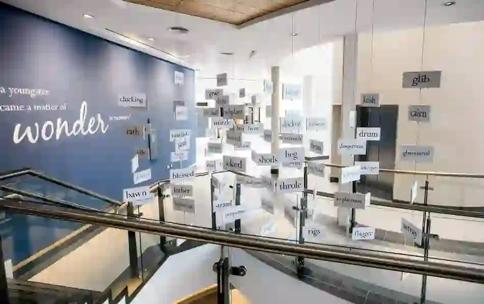 Installation of floating words and quotes at Seamus Heaney HomePlace literary centre in Bellaghy, County Londonderry.