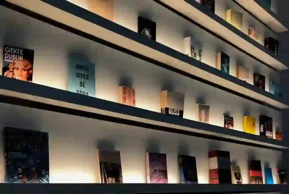 Display of James Joyce books in multiple languages at the Museum of Literature Ireland (MoLI), Dublin.