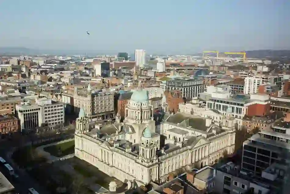 Aerial view of Belfast City Hall and cityscape from the Observatory bar at the Grand Central Hotel.
