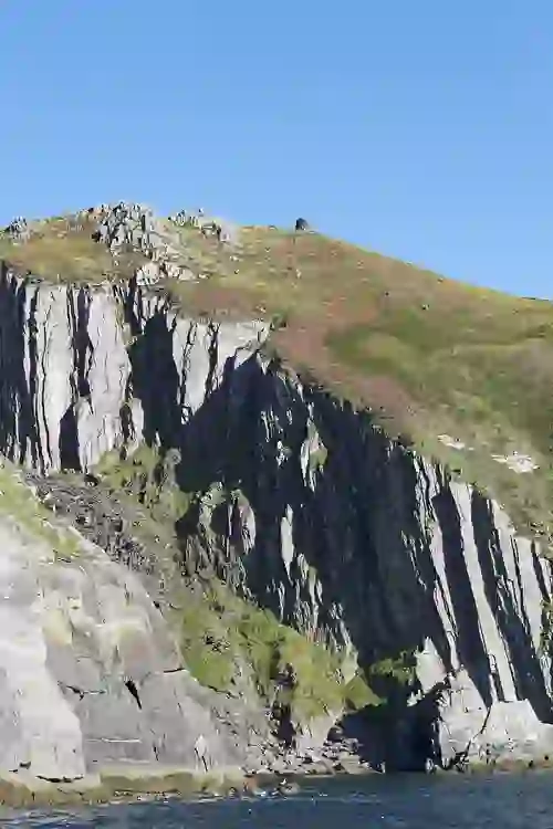 Sheer rock faces rise beneath a grassy hill dotted with wildflowers and heather near Slea Head on the Dingle Peninsula.
