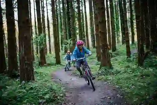 Two children cycle along a dirt trail through Gosford Forest Park at a family-friendly greenway in Armagh.