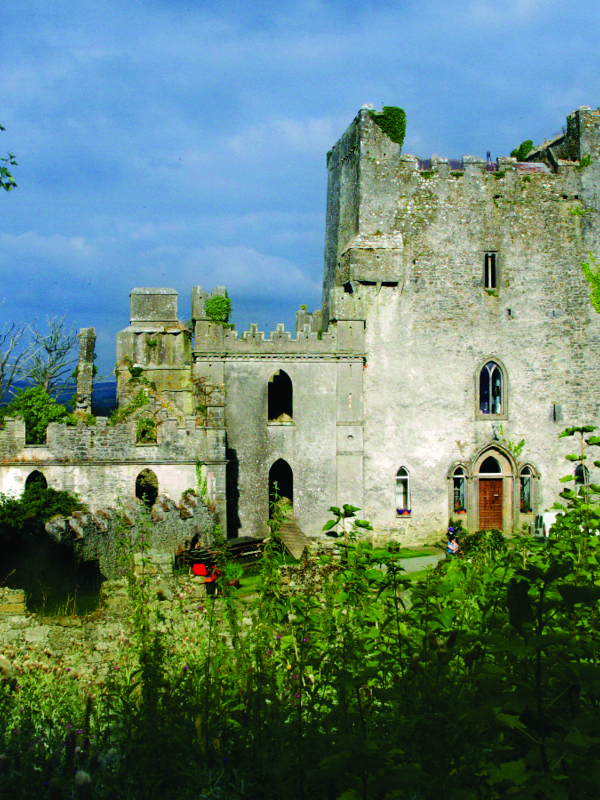 Leap Castle surrounded by gardens and medieval walls in County Offaly.