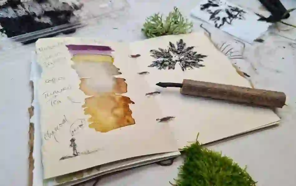 Handmade sketchbook showing natural inks and a leaf print with a rustic tool.