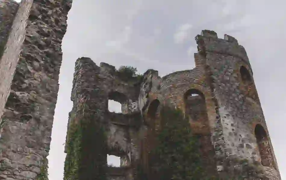 Ruins of Shane's Castle in County Antrim, with ivy-covered stone walls and towers.
