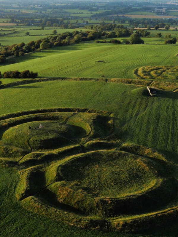 Aerial view of the ancient Hill of Tara ringfort in County Meath, Ireland.