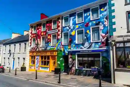 Colourful mural-covered Matchmaker Bar in Lisdoonvarna, County Clare, famous for its annual matchmaking festival.