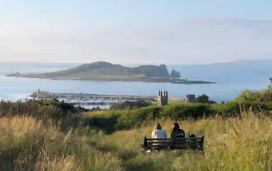 View of Ireland’s Eye from a hilltop bench surrounded by tall grass in Howth.