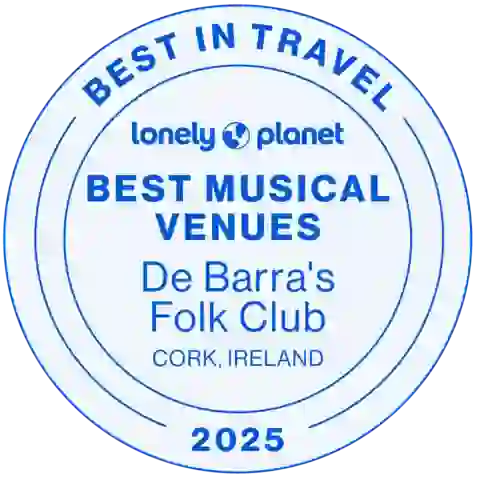 Lonely Planet Best Musical Venues 2025 award for De Barra’s Folk Club in Cork, Ireland.