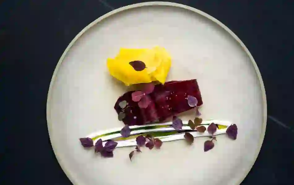 Colourful beetroot and turnip dish with herbs on a white plate at OX in Belfast city. 