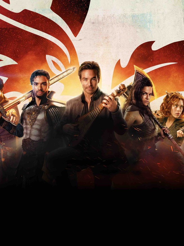 Cast of Dungeons &amp; Dragons: Honor Among Thieves with weapons, set against a fiery dragon backdrop.