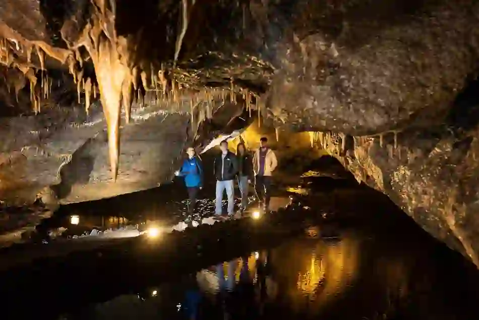Group exploring a limestone cave with stalactites in Ireland, lit by warm lights reflecting on underground pools.