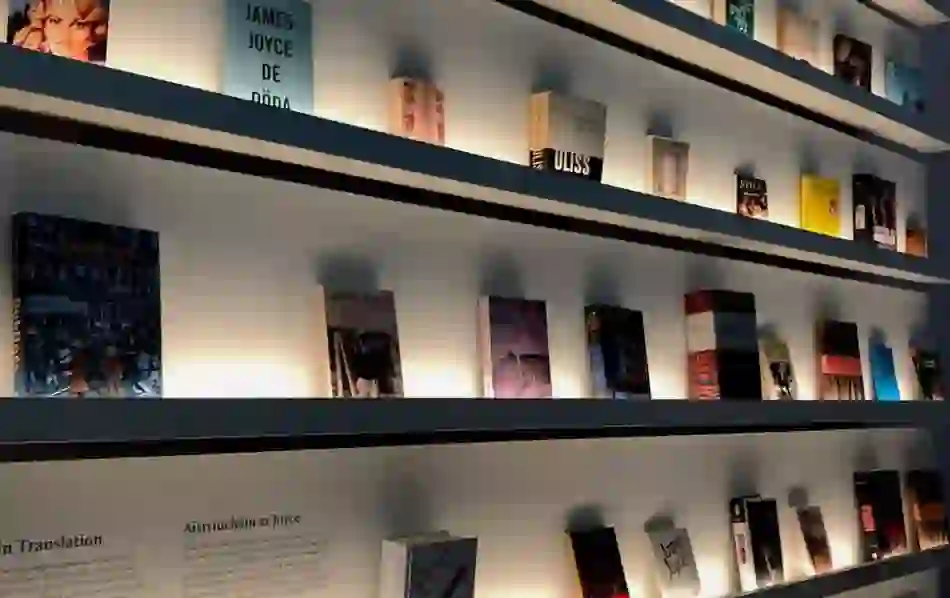 Books by and about James Joyce are spotlighted on modern shelves at the Museum of Literature Ireland (MoLI) in Dublin.