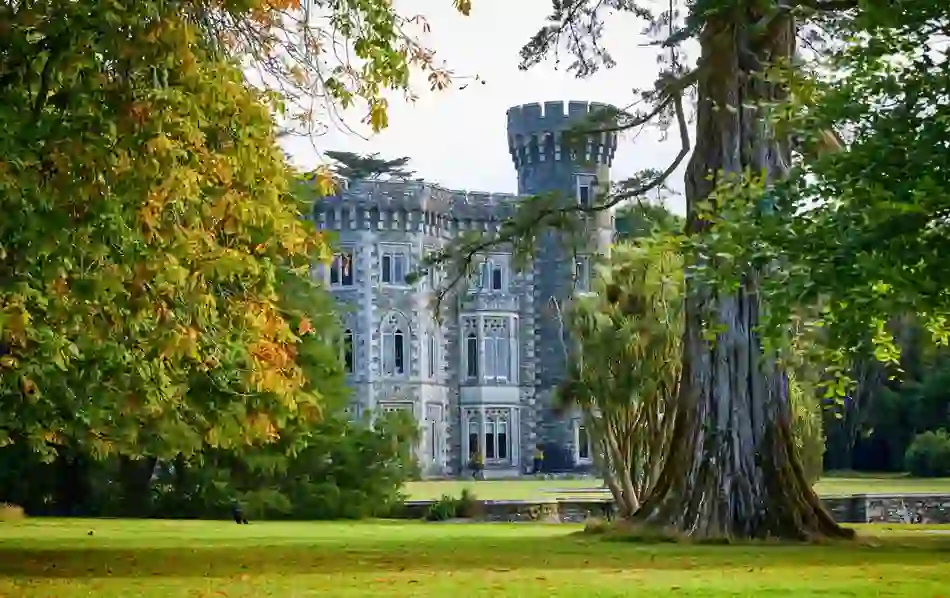 Castle tower partially hidden by autumn trees in Ireland’s Ancient East.