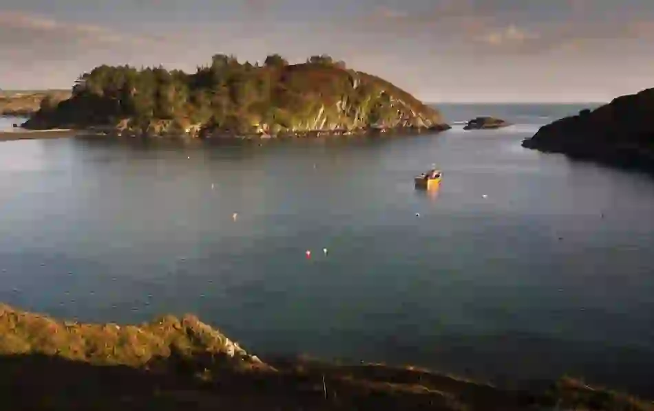 A peaceful scene at Lough Hyne, Cork, showing a calm inlet with a small fishing boat anchored near a tree-covered hill.