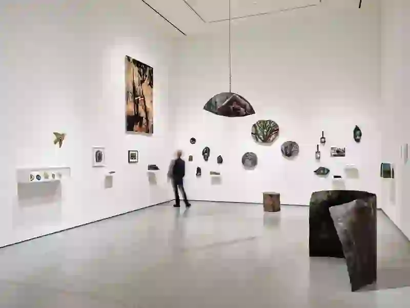 Contemporary art display in a bright gallery space with wall-mounted and freestanding pieces in Kilkenny City.