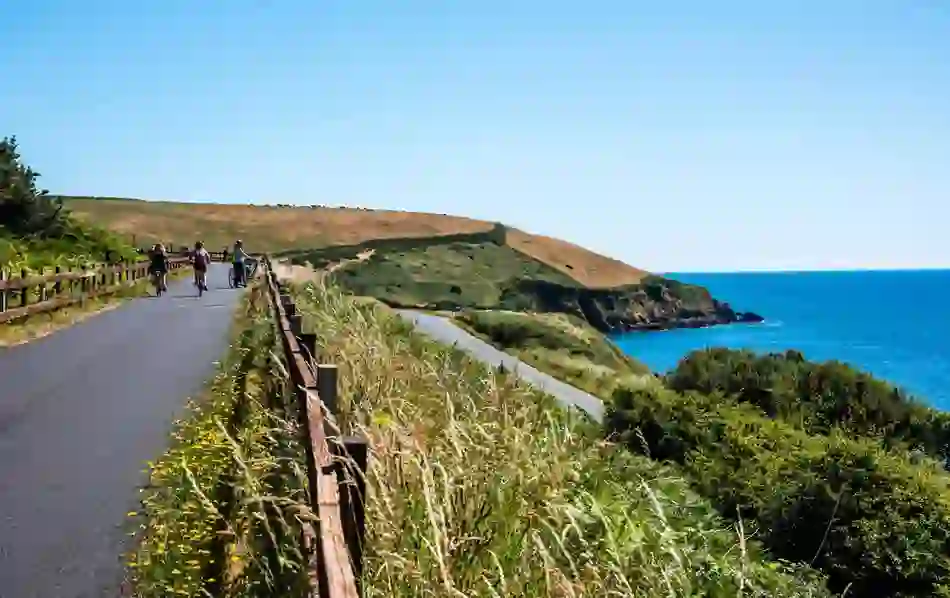 Cyclists ride along the Waterford Greenway with coastal views and grassy cliffs under clear summer skies.