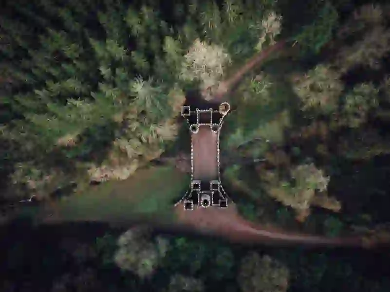 Aerial view of Ballysaggartmore Towers, Waterford, nestled among dense woodland and intersected by winding forest trails.