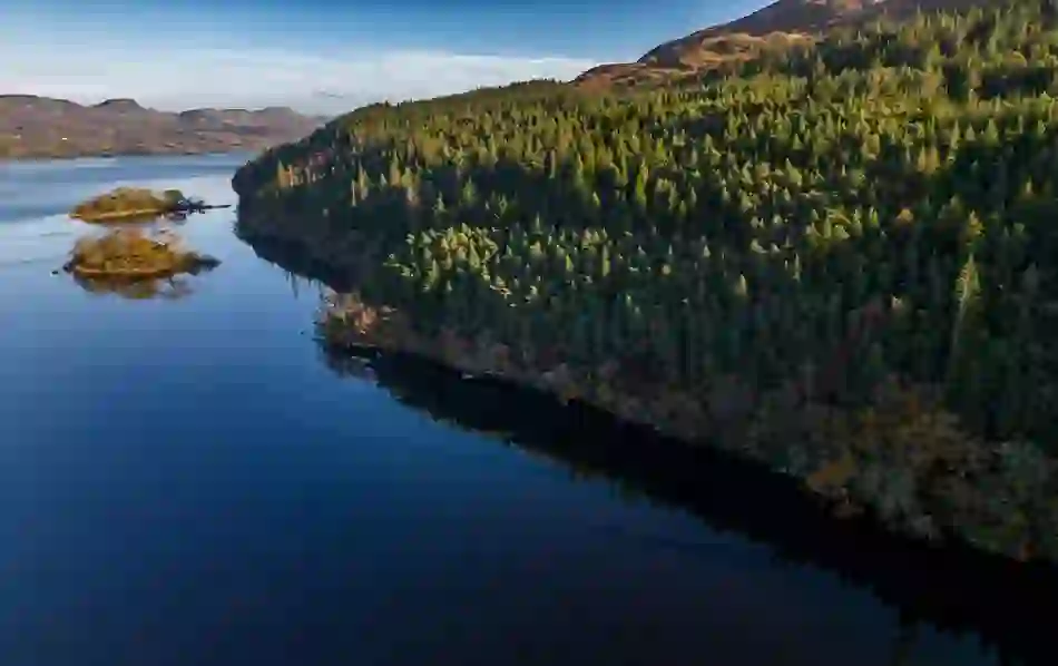 Tranquil Lough Gill in County Sligo with wooded islands and dense forest shoreline reflecting on calm water.