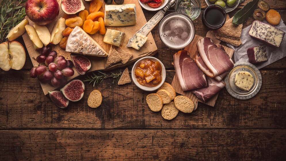 Charcuterie board with cheeses, figs, chutney and cured meats from Northern Ireland.