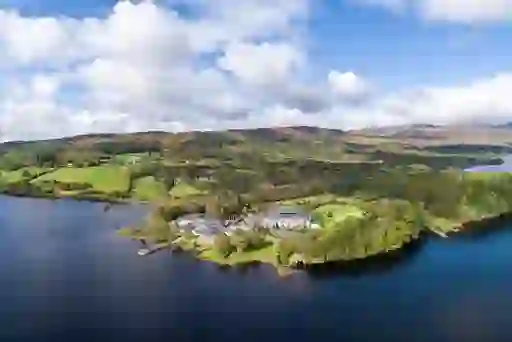 Aerial view of Lough Eske and surrounding hills with Harvey’s Point hotel in Donegal.