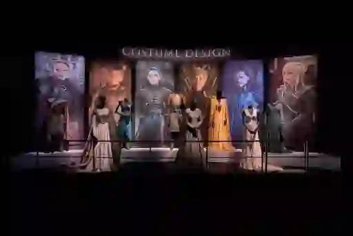 Game of Thrones costume display with character outfits and portraits at the Game of Thrones® Studio Tour in County Down.