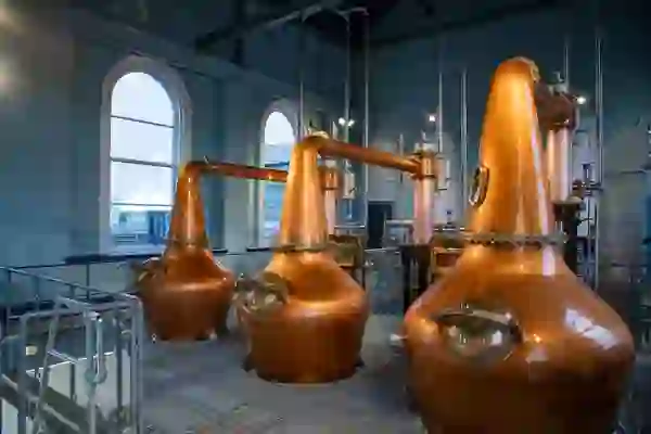 Copper stills inside Titanic Distillers at Thompson Dock in Belfast.