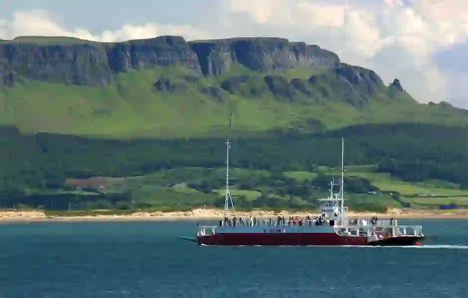 Ferry crossing between Magilligan Point and Greencastle with steep cliffs in the background, County Londonderry