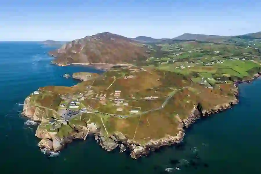 Aerial view of Fort Dunree and rugged headland overlooking the sea near Buncrana, County Donegal.