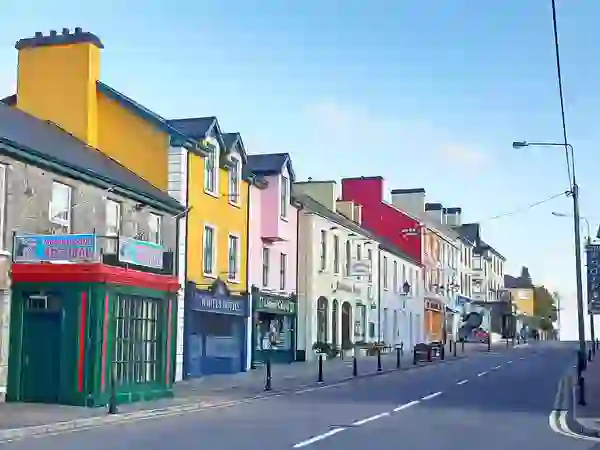 Colourful buildings lining the main street in Lisdoonvarna, County Clare.