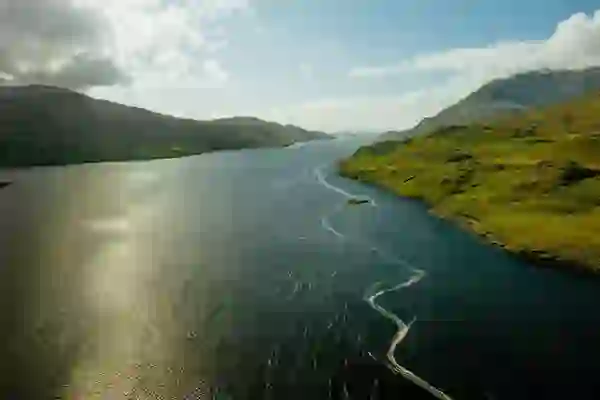 Aerial view of Killary Harbour between the mountains of Connemara, County Galway and County Mayo.