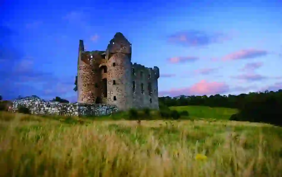 Ruins of Monea Castle in County Fermanagh, standing tall on a grassy field at dusk with a pink-tinged sky in the background.