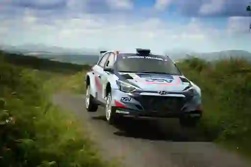 A rally car lifts off the road while speeding down a narrow country lane, surrounded by green hedgerows.