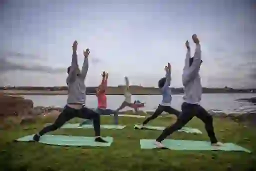 Group in warrior yoga pose on grass beside Strangford Lough under evening sky near anchored boat.