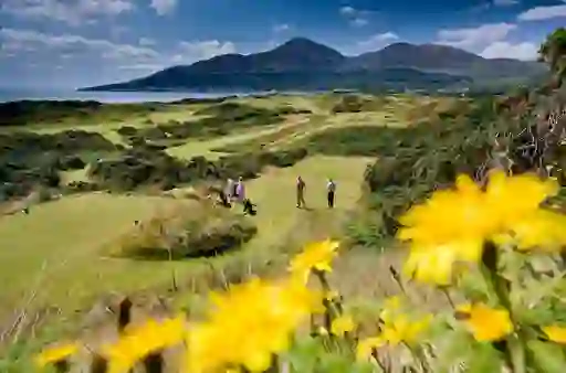 Golfers on the fairway at Royal County Down with the Mourne Mountains in the distance.