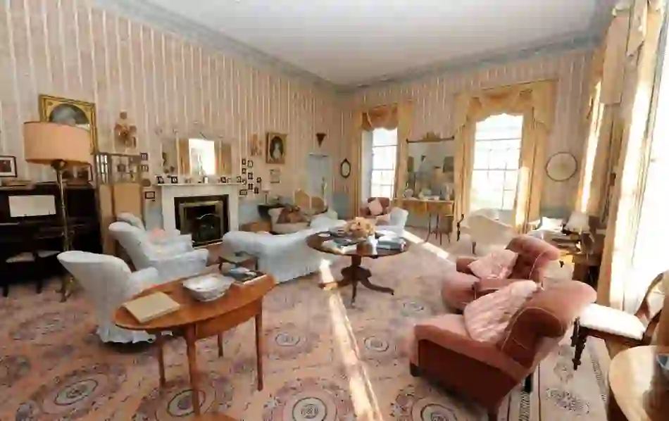 Elegant drawing room with antique furniture at Enniscoe House, County Mayo.