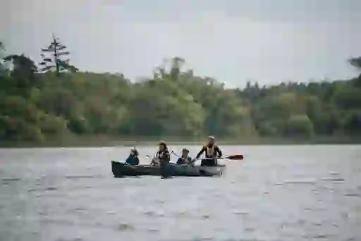 Two canoes with a family of five paddle across a lake in County Sligo, with dense forest lining the lakeshore.