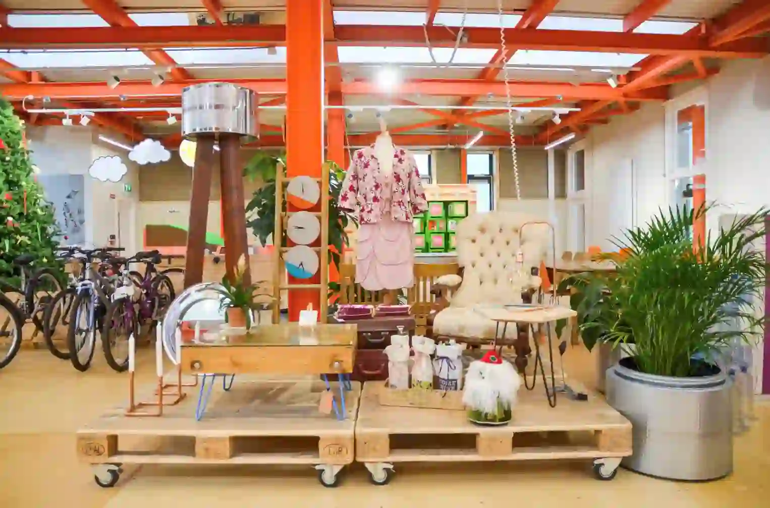 Upcycled furniture, plants and bicycles displayed in the Rediscovery Centre in Ballymun, Dublin.