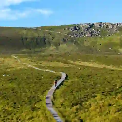 Hikers on the Cuilcagh Boardwalk Trail through green mountain landscape in County Fermanagh, Northern Ireland.