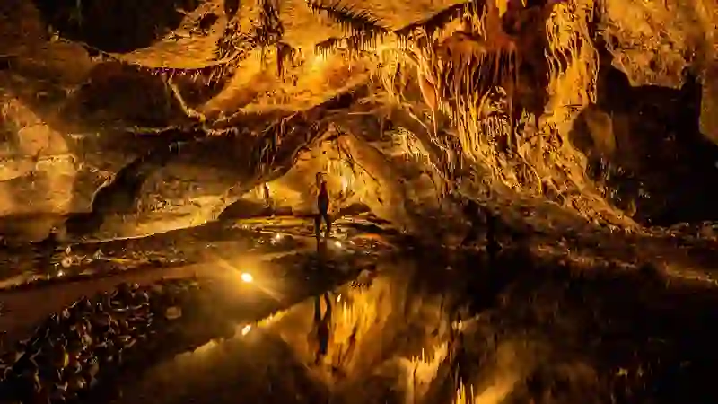 Visitor standing inside Marble Arch Caves surrounded by illuminated stalactites and reflective underground pools in County Fermanagh.