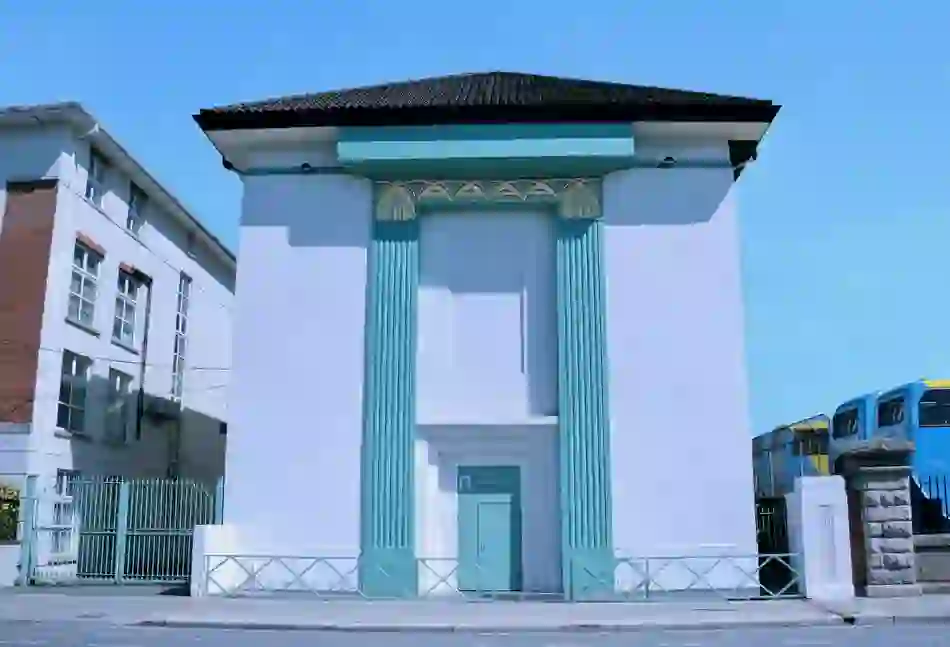 Exterior of Windmill Lane Recording Studios with teal accents and art deco design in Dublin, Ireland.