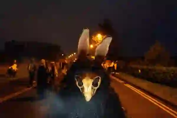 Festival performer in a horned animal skull mask with long ears at the Púca Festival in Ireland.