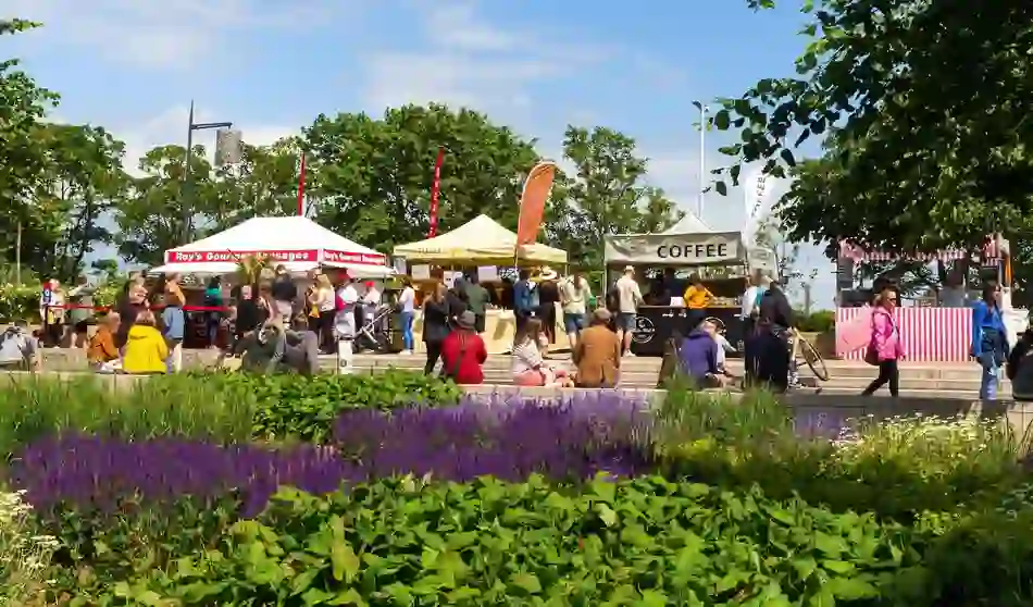 Visitors browse food stalls at the People's Park Farmers Market in Dún Laoghaire, County Dublin.