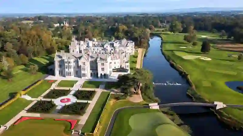 Aerial view of Adare Manor in County Limerick with historic castle, gardens and golf course.