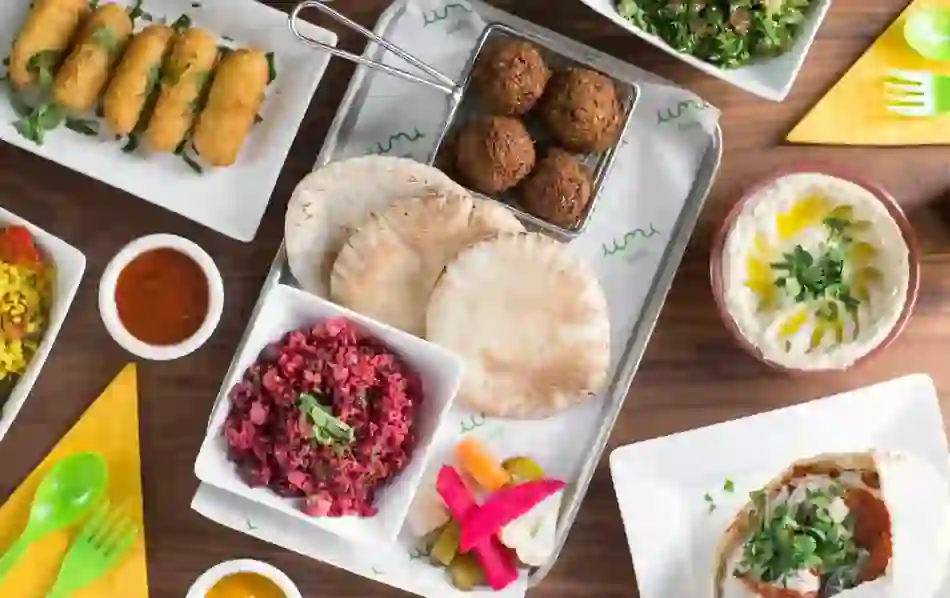 Falafel, hummus, pita bread and salads served at Umi Falafel, Belfast.