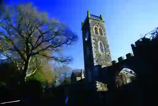 Stone clock tower and archway entrance framed by trees at Rowallane Garden, Down.