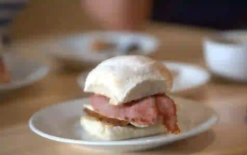 Traditional Irish bacon bap on Waterford Blaa bread in a Waterford café.