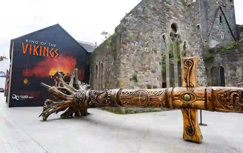 King of the Vikings attraction with mural and carved wooden sculpture in Waterford city.